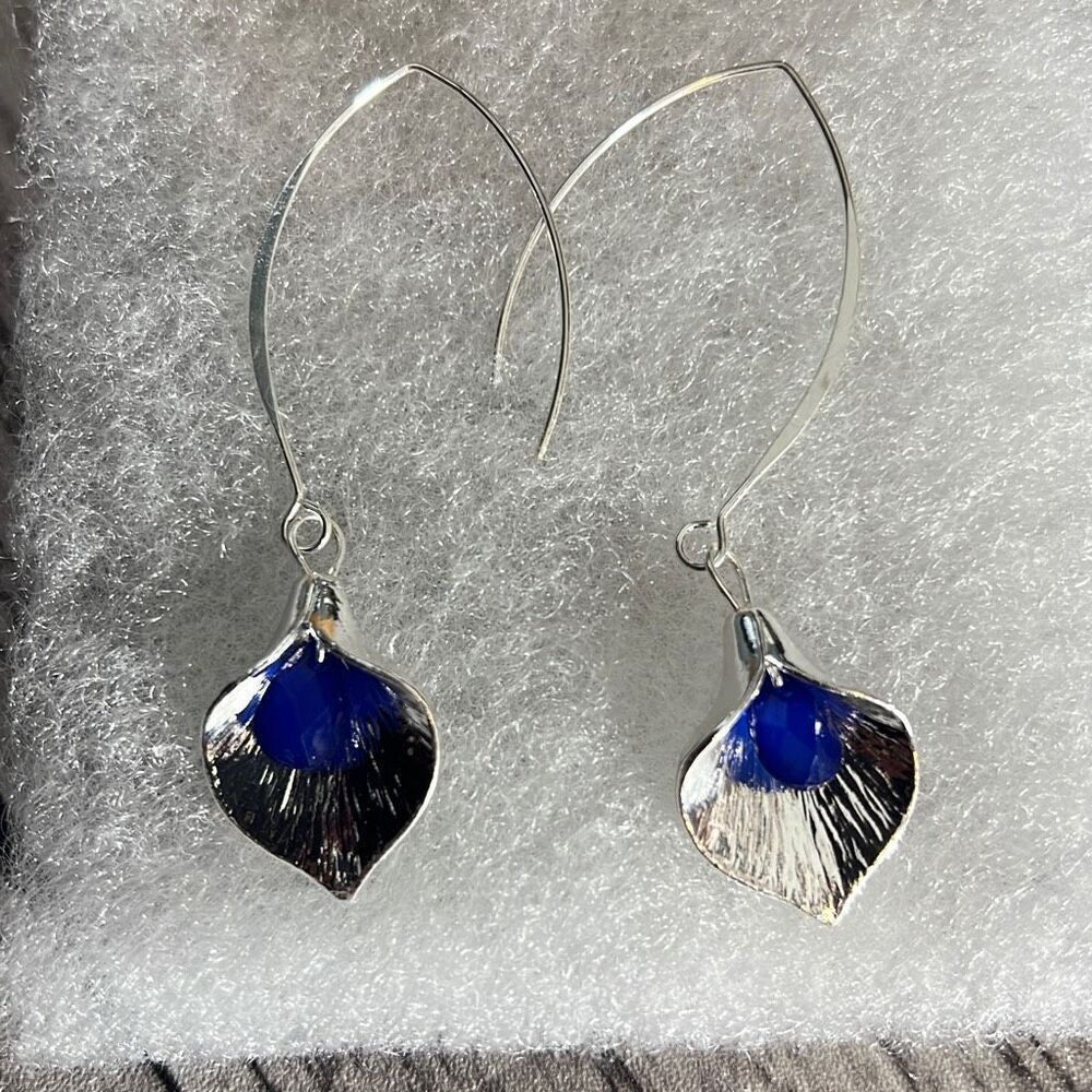 Silver & Cobalt Blue Petal Drop Earrings — Modern Leaf Dangle Design